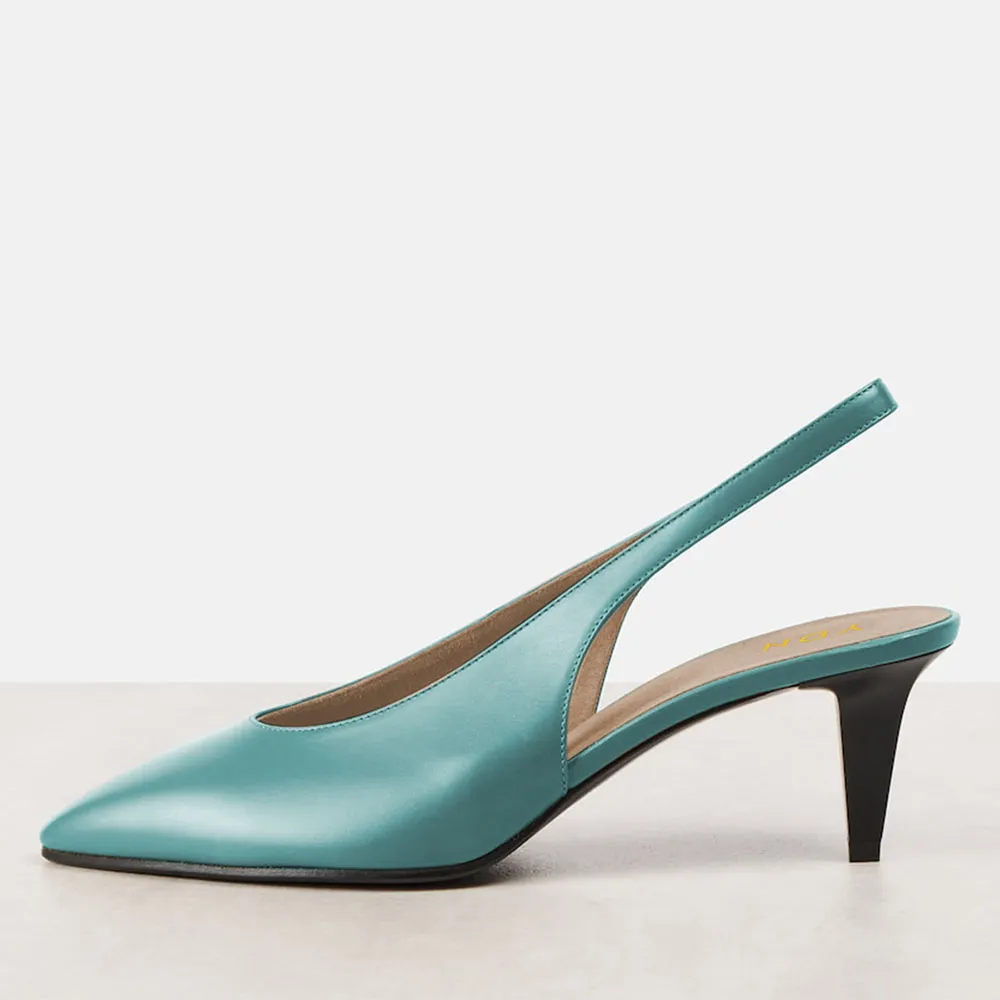 Women's Blue Vegan Leather Pointed Toe Simple Slingback Heels