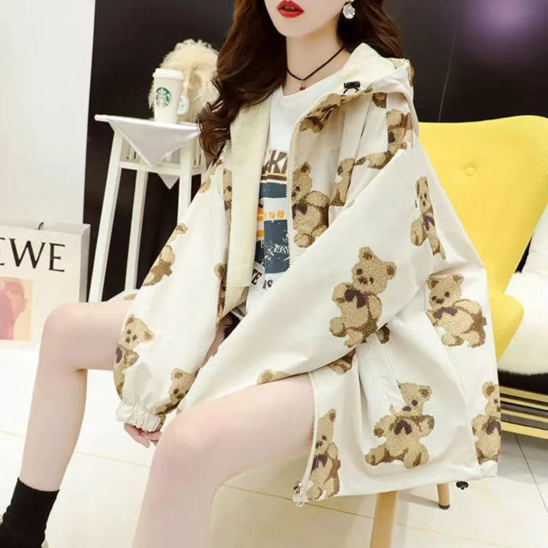 Suofun Casual 2021 New Fashion Print Korean Hooded Double-sided Student Coat Girls' Spring And Autumn Loose Zipper Windbreakers