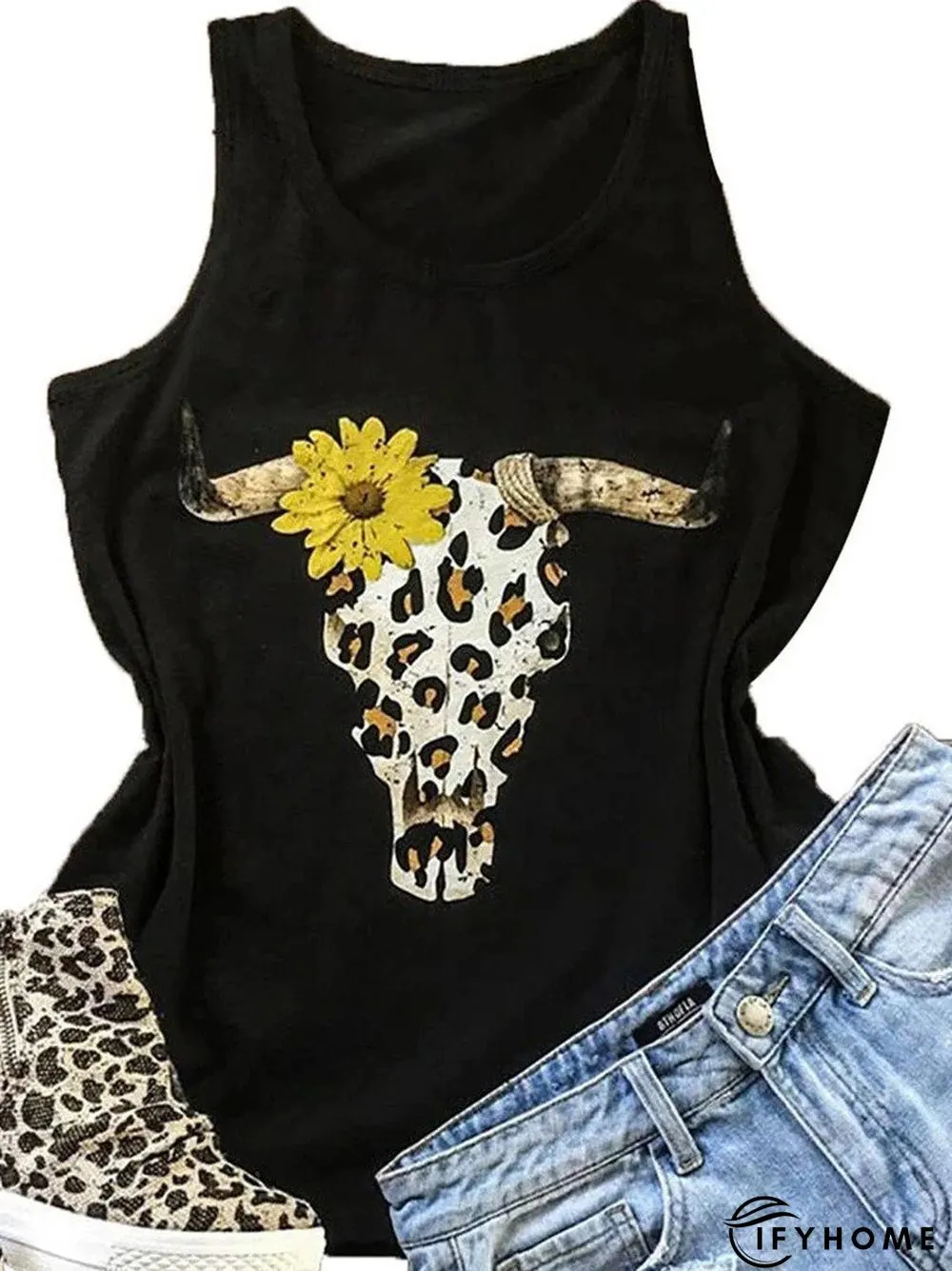 Black Club Beach Holiday Daily Animal Printed Casual Sleeveless Shift Crew Neck Tanks & Camis | IFYHOME
