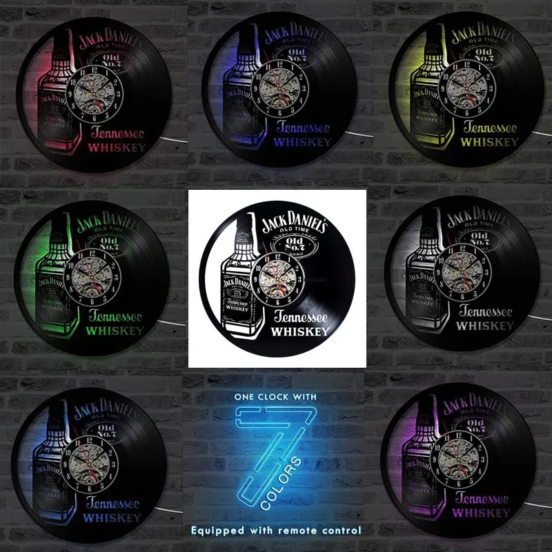 A Bottle of Whiskey Beer Wall Clock Modern Design Vintage Vinyl Record Clocks LED Lighting Wall Watch Home Decor for Beer