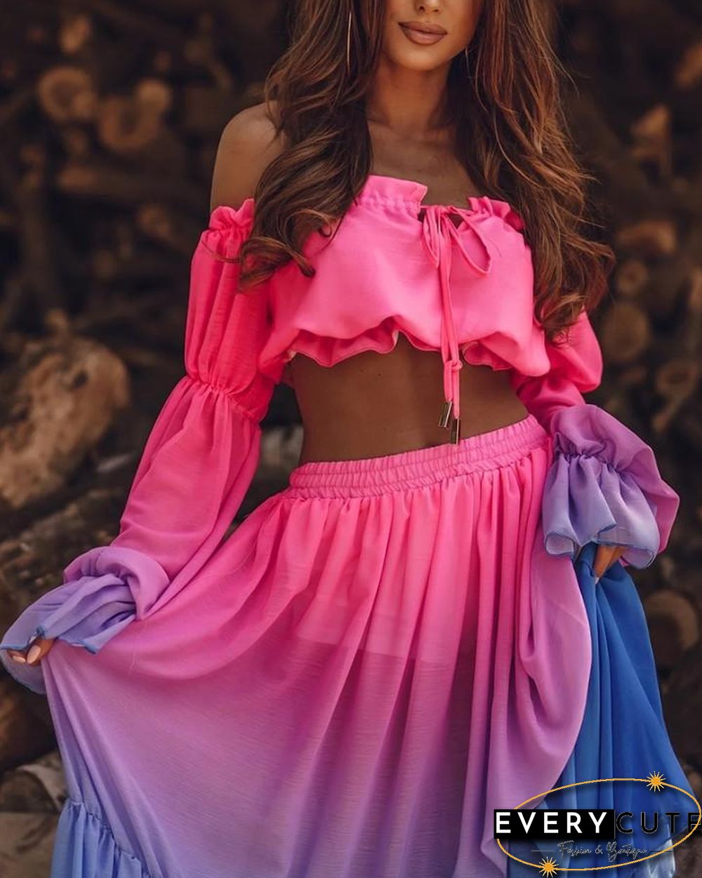 Tie Dye Long Sleeve Blouse With Loose Midi Skirts Suit Sets P15917