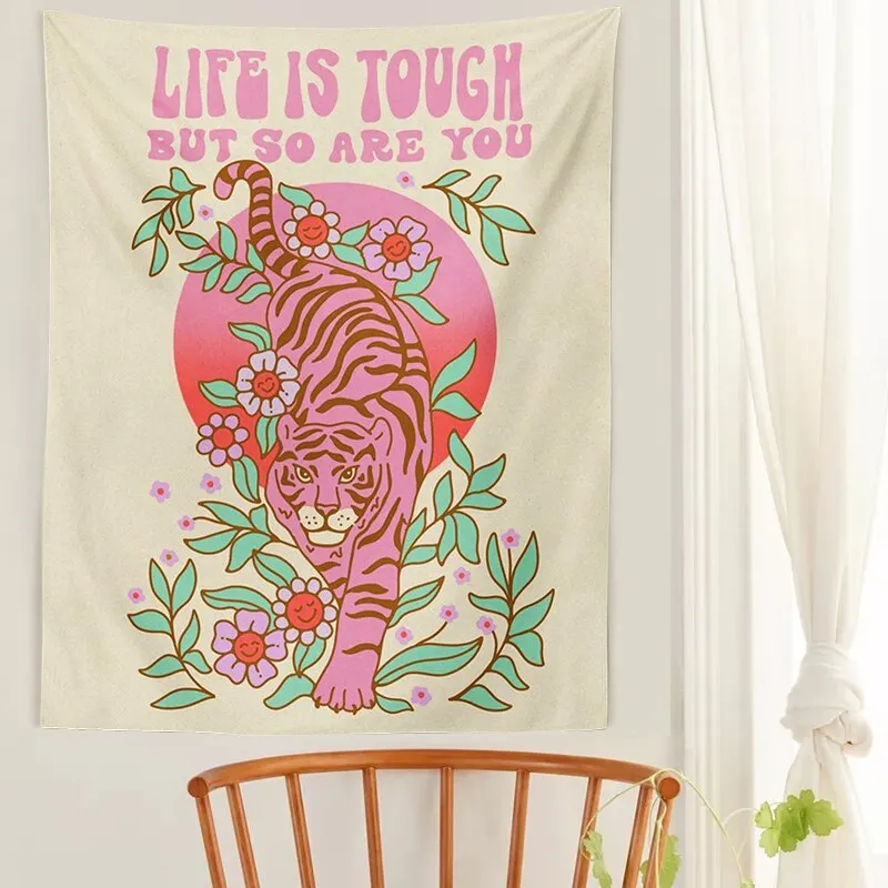 Tiger Moon Wall Tapestry flower plant Wall Hanging pink Aesthetic Room Decor Psychedelic Boho background Tapestries Home Decor