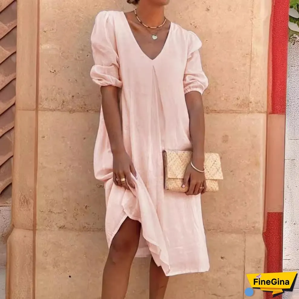 XIEYINSHE Europe and America Cross Border Wish Cotton Linen Solid Color Fashion Medium Long Sleeve Long Casual Mid-Length Dress