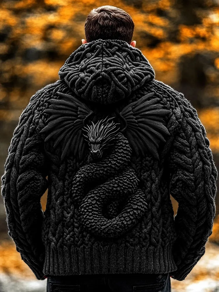Men's  Dragon Viking Celtic Chunky Knit Hooded Sweater