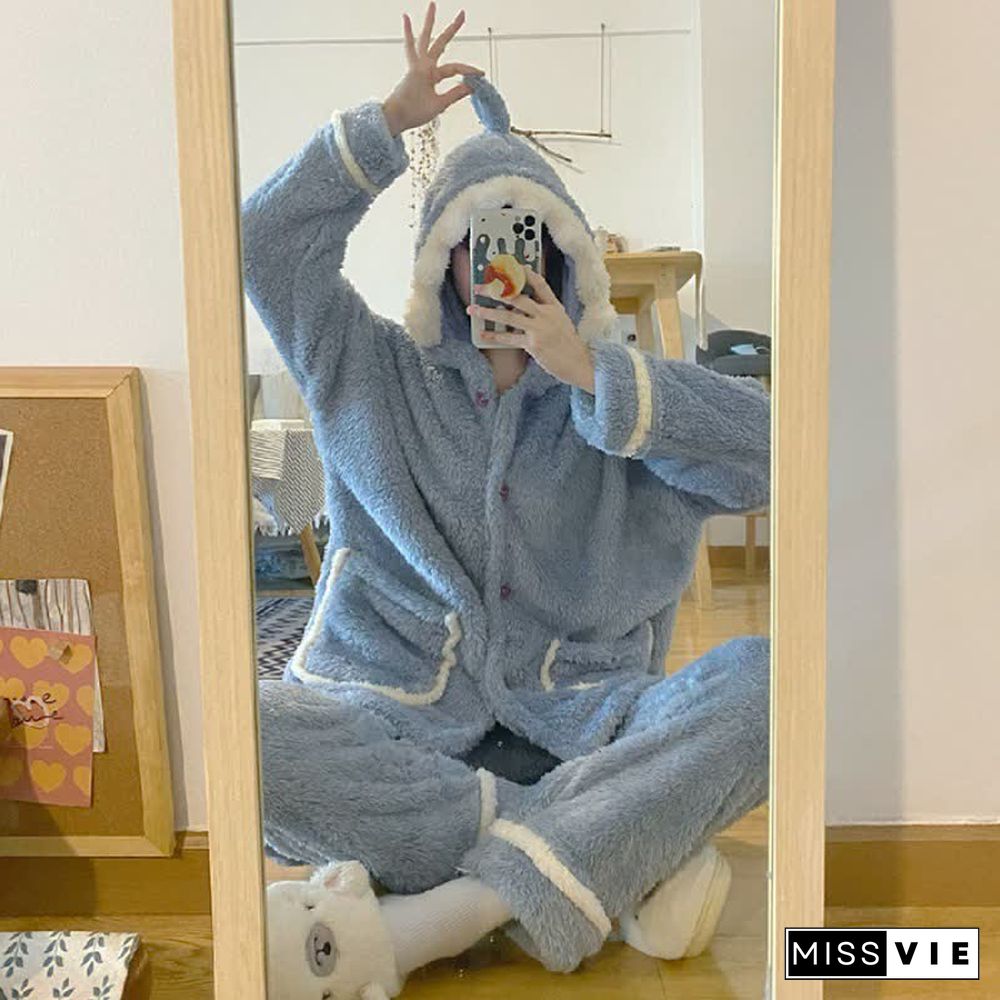 Lovely Cartoon Shark Plush Hooded Pajamas Set