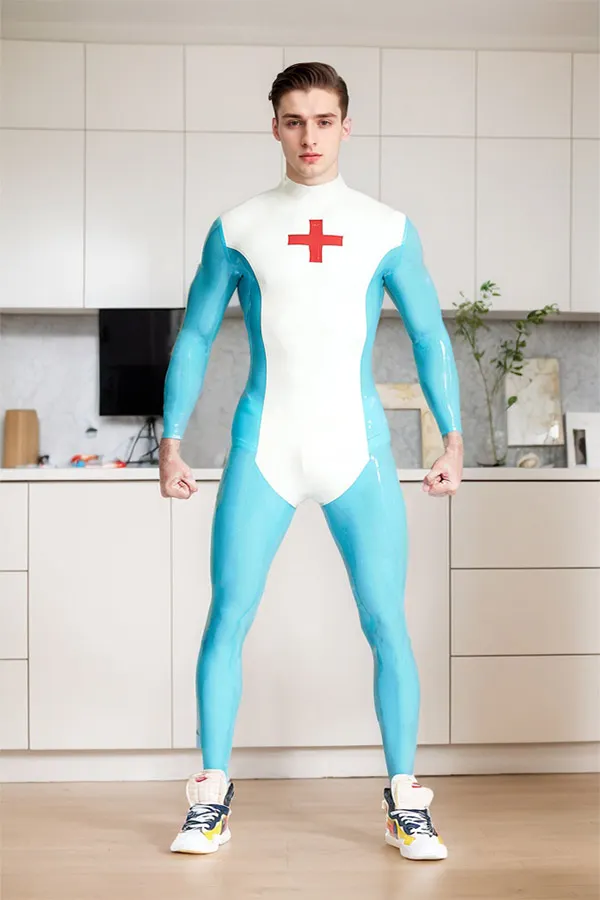 Men Latex Catsuits Medic Blue Nurse cosplay
