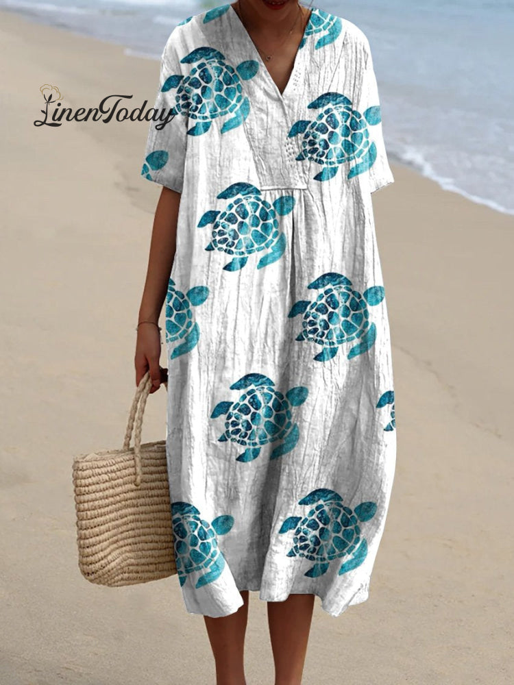 Lovely Summer Vacation Watercolor Sea Turtle Pattern Printed Women&rsquo;s Flowy Dress Whiteblue / S