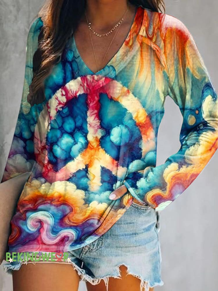Peaceful multicolored printed casual V-Neck Long Sleeve Top Color / S