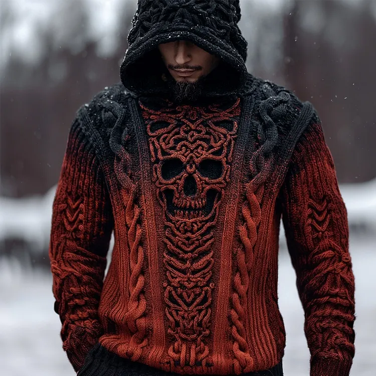 Men's Celtic Skull Cable Jacquard Chunky Hooded Sweater