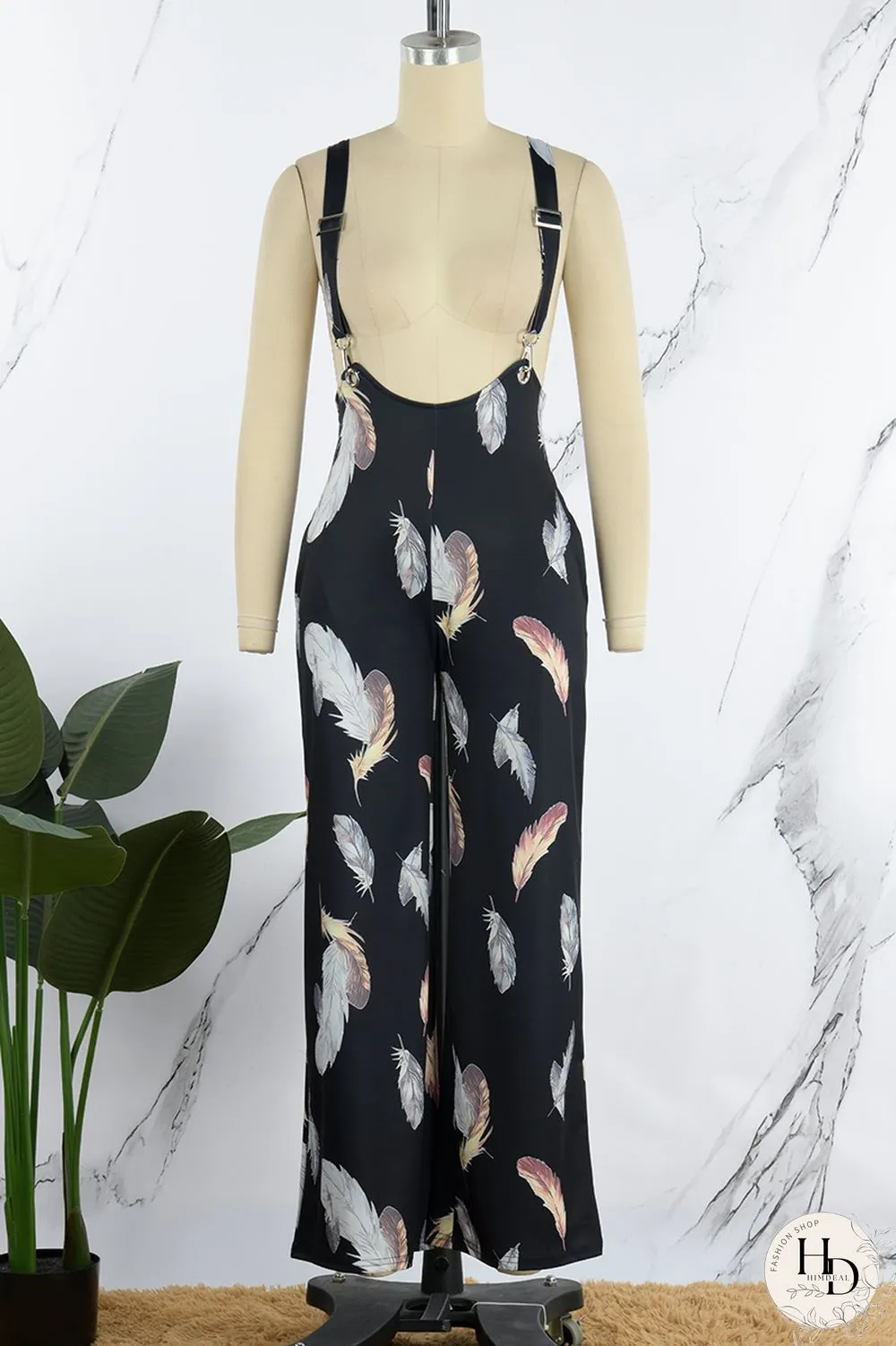 Blue Casual Print Patchwork Spaghetti Strap Regular Jumpsuits (Without Shirt)