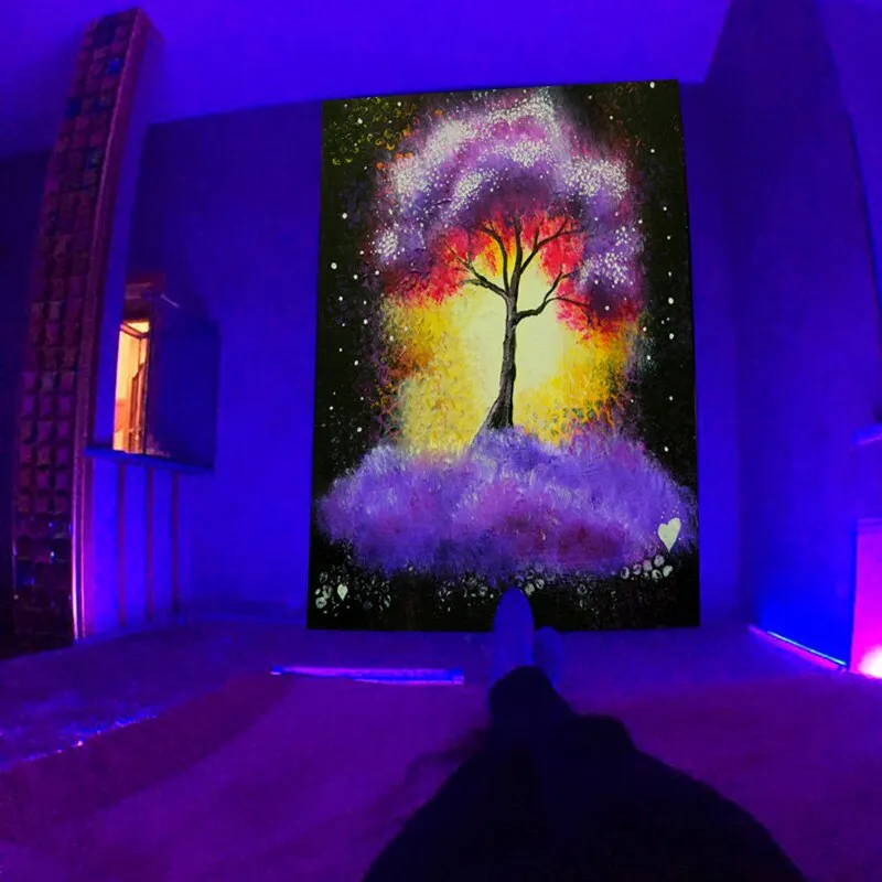 Fluorescent Starry Tapestry Skeleton Mushroom Psychedelic Black Light Wall Hanging Cloth DIY Home Decoration Trippy Room Decor