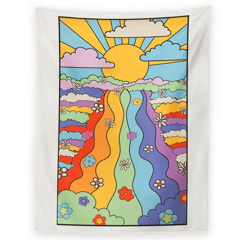 70's Girly Rainbow and Floral Tapestry Wall Hanging 70's Sunset and Flowers Tapestry Decor Living Room Bedroom Bohemian Print