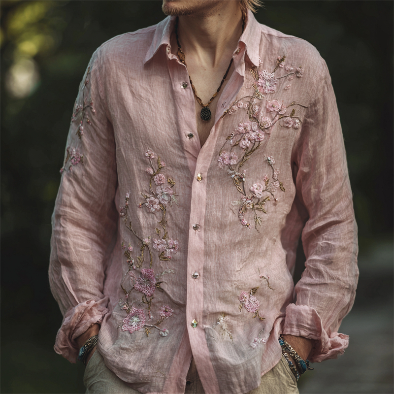 Men's Vintage Pink Cherry Blossom Embroidered Linen Shirt  artssus