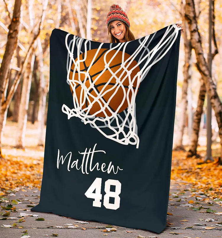 Basketball Boy Sherpa Fleece Blanket, Custom Name Number Soft Cozy Blanket | BKKid698