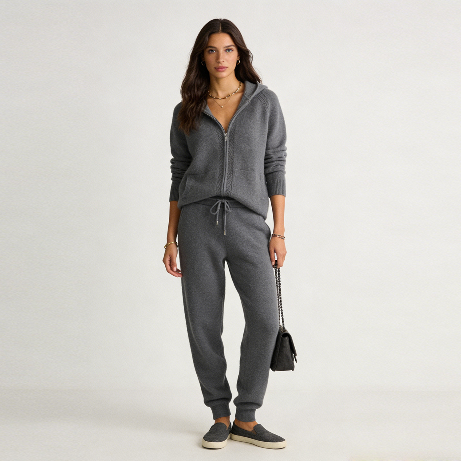Cashmere Shirt Jacket and Pants Set Hooded Thickened Zipper Loose REAL SILK LIFE