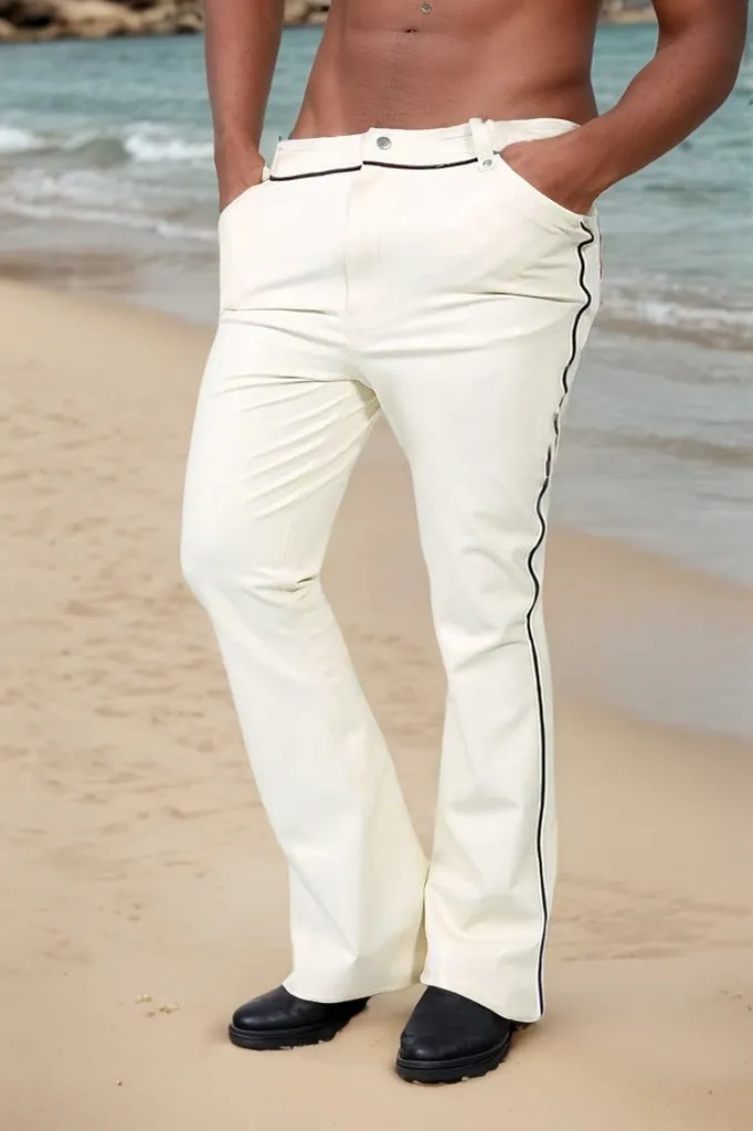Men White Latex Pants Piping-Trim