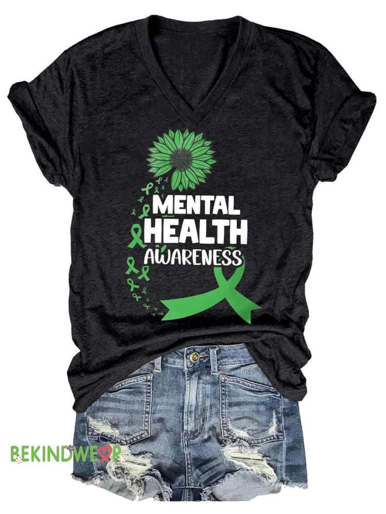 Women&rsquo;s Green Ribbon Mental Health Awareness V-neck Casual T-Shirt Black / S