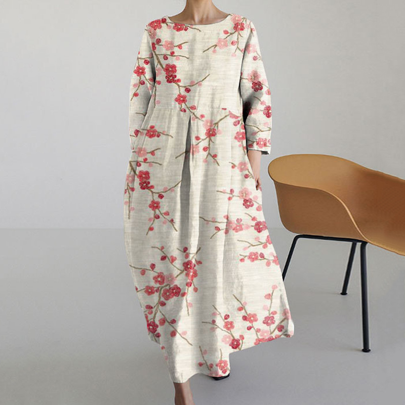 Japanese Plum Blossom Art Long Sleeved Loose Midi Dress artswardrobe