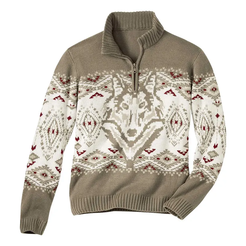 Vintage Wolf King Knit Jacquard Icelandic Half Zip Collar Sweater