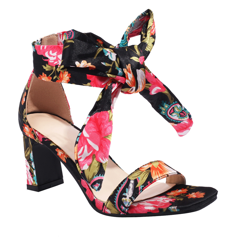 GOOSHOE Printed Silk High Heel Sandals Flower Ankle Bow Knot Hollow Open Toe Women's Sandals High Heel Shoes