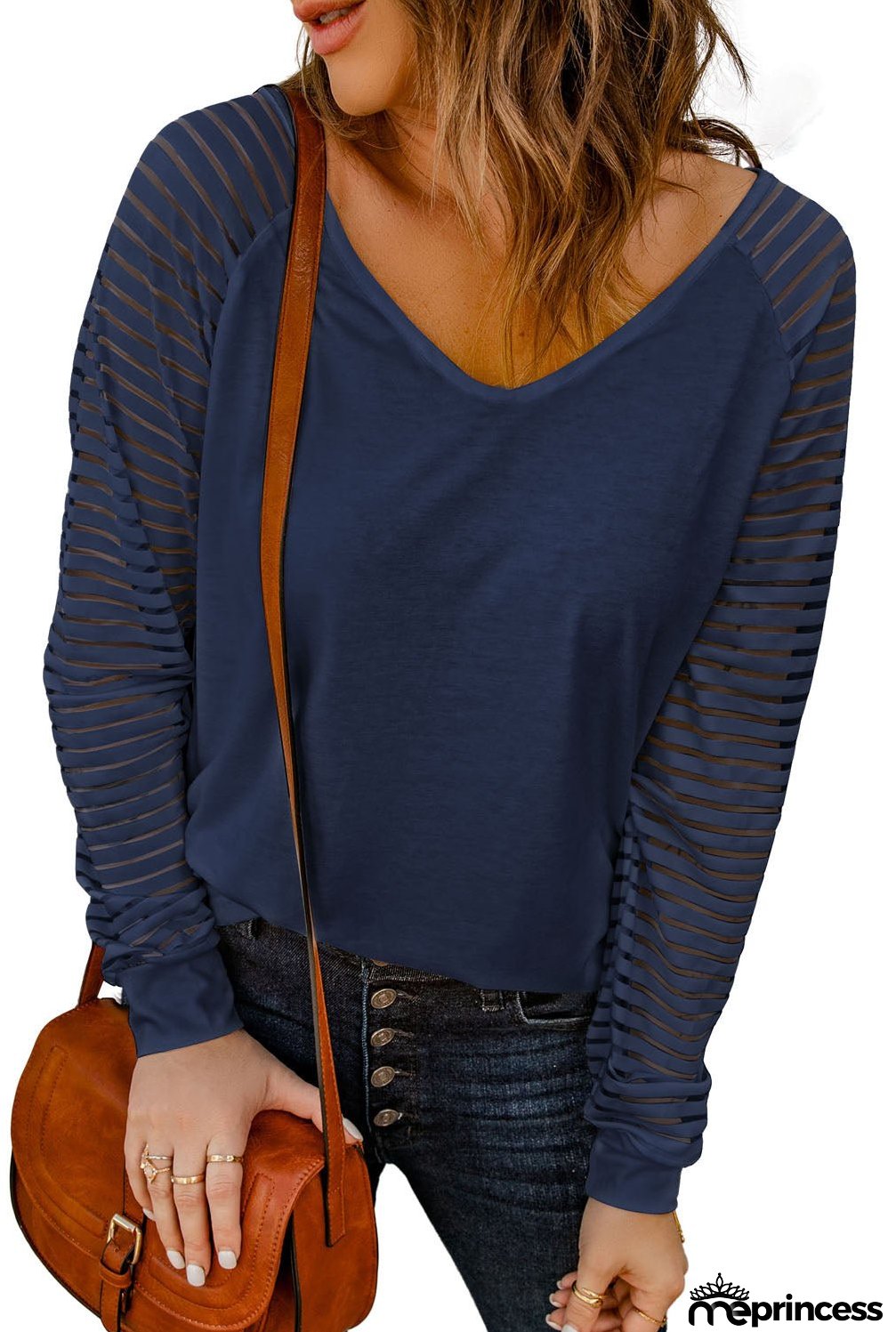 Stripe Long Sleeve Large Fashion Simple V-Neck T-Shirt