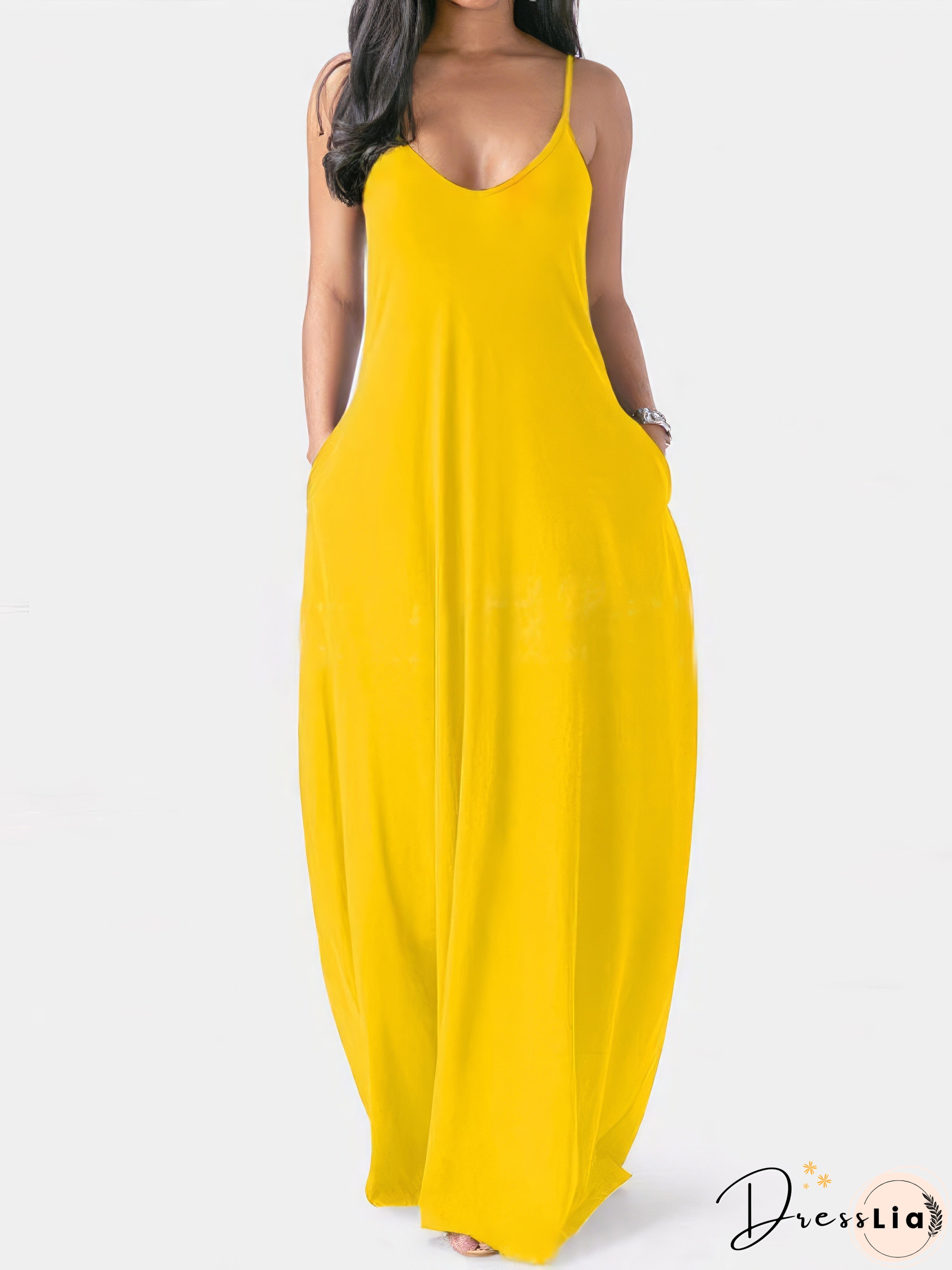 V-neck Solid Pocket Casual Sling Dress