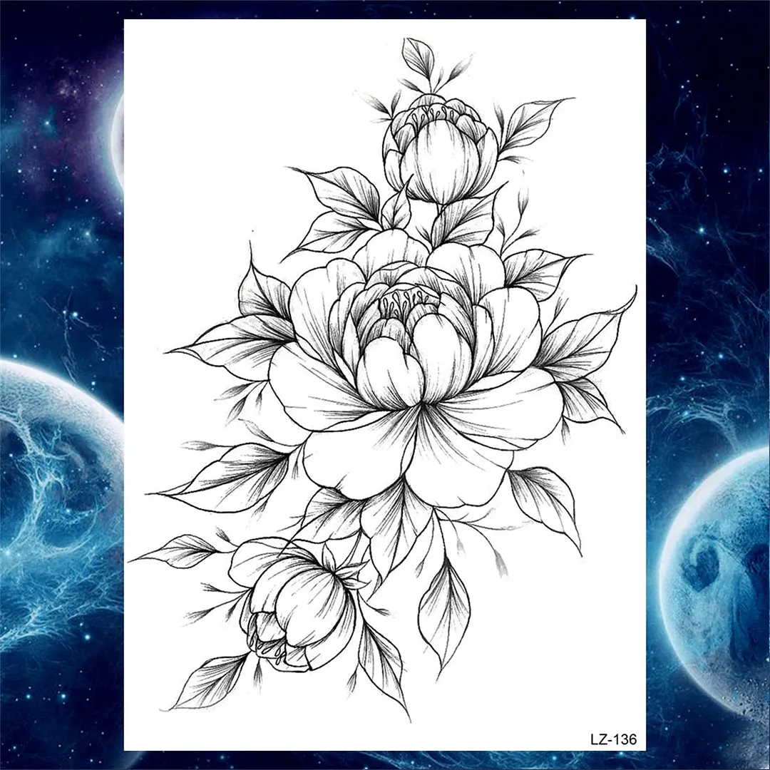 Flower Compass Temporary Tattoo For Women Girls Adult Rose Peony Tattoos Sticker Fake Black Floral Body Art Thigh Tatoos Paper