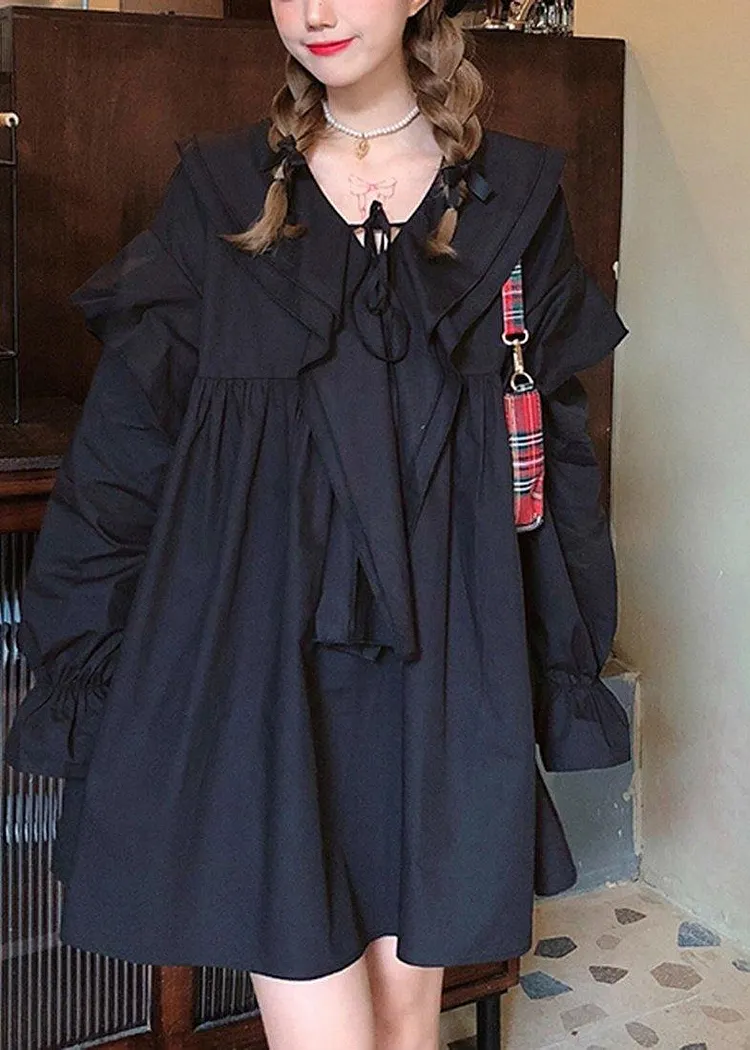 Style Long Sleeve Linen Spring Clothes Shape Black Dress