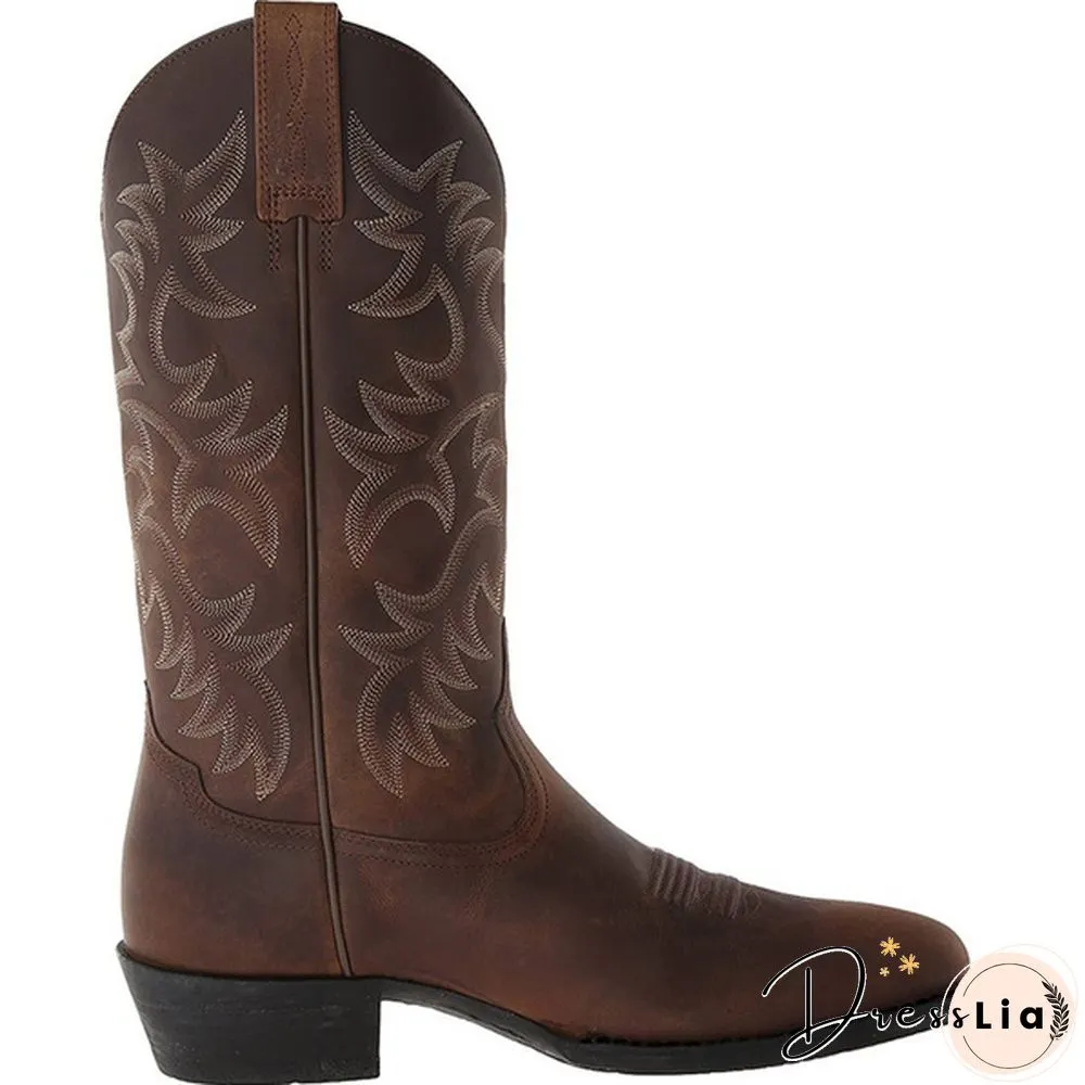 Mens Vintage Leather Mid Calf Boots Pointed Toe Western Cowboy Boots Man Retro Knee High Talll Boots Riding Boots Big Size 38-48 Botas