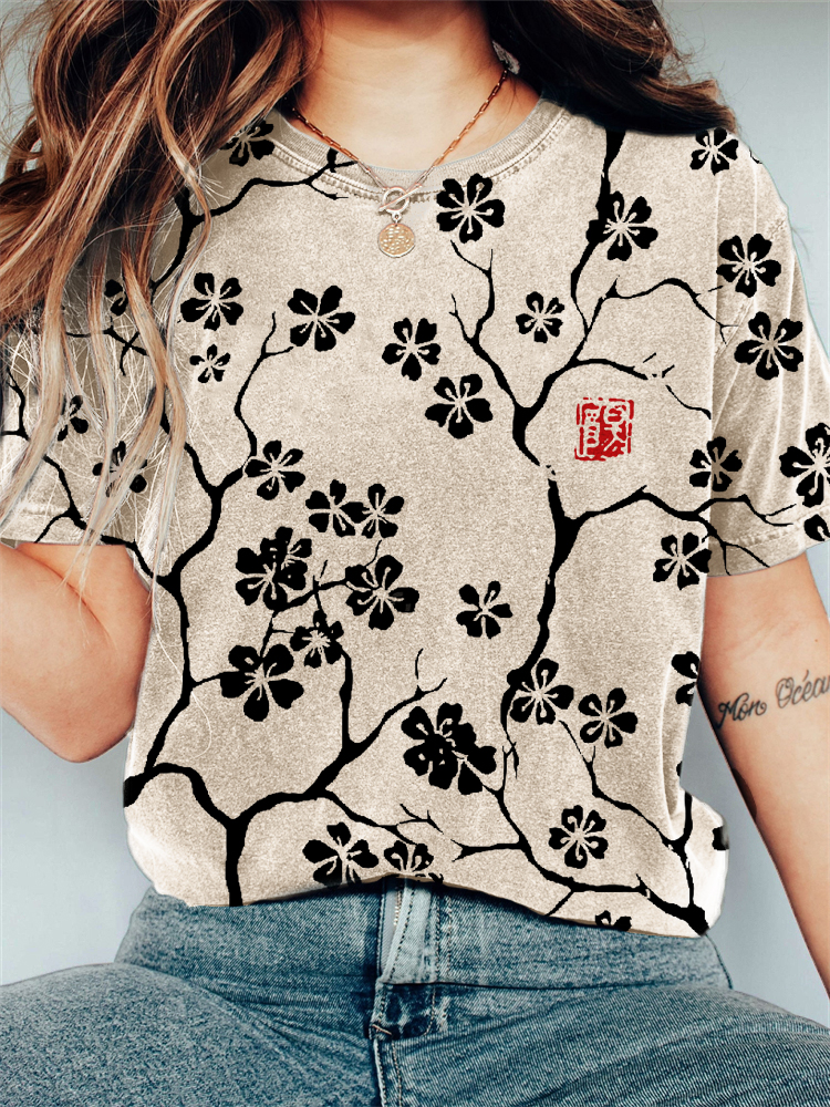 Cherry Blossom Japanese Lino Art Vintage T Shirt