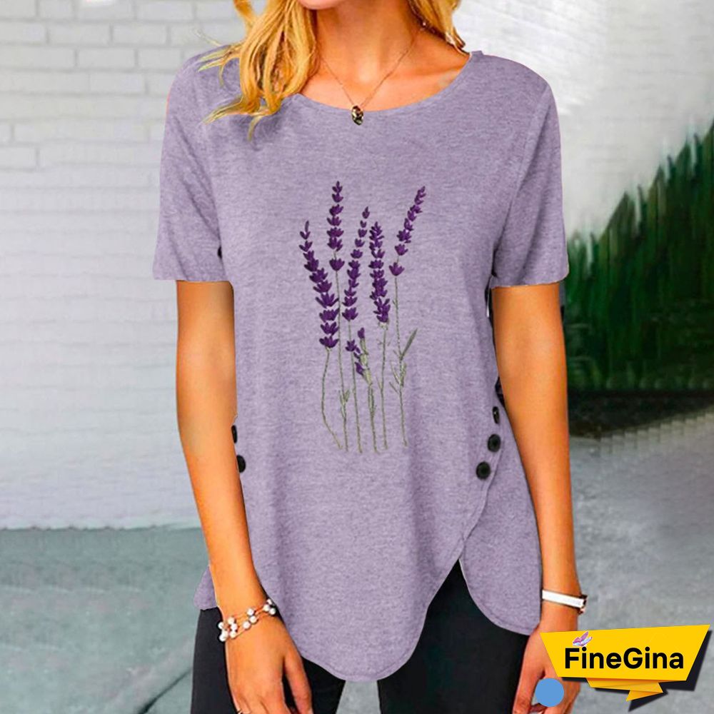 Crew Neck Plant Print Side Split Button Tee