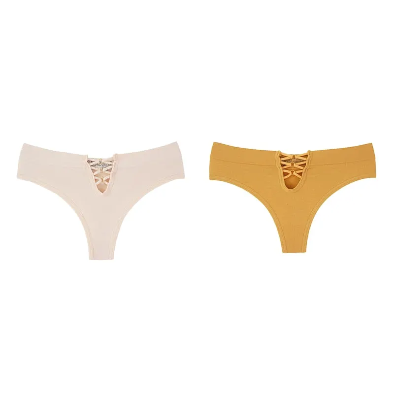 Women Panties Sexy Underwear Thongs Lingerie Female Underpants Solid Color Hollow Out Design Ladies G-String 2PCS Pantys