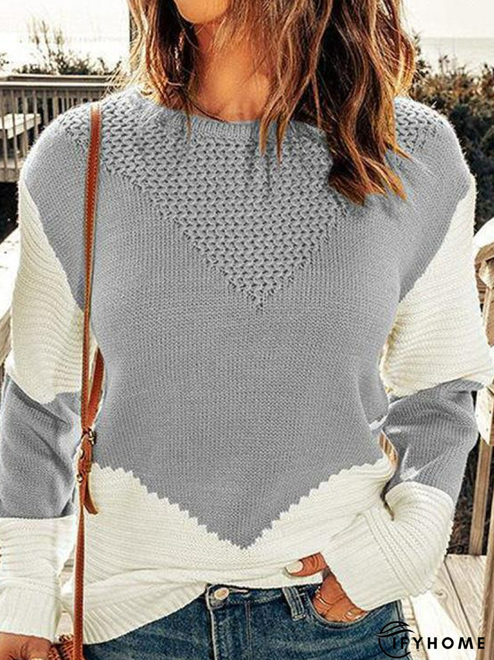 Casual Color Block Winter Daily Loose Long sleeve Crew Neck Wool/Knitting Regular Sweater for Women | IFYHOME