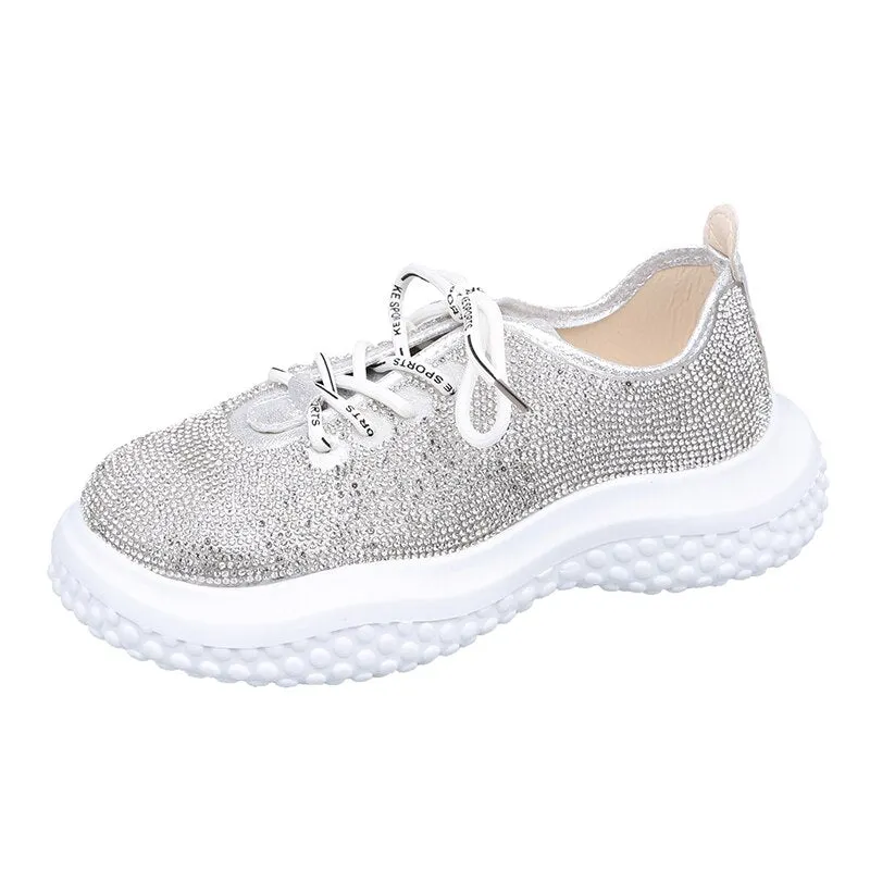 Bling Crystal Platform Sneakers Women Black Thick Sole Vulcanize Shoes Woman Fashion Rhinestone Lace Up Sport Shoes 2022
