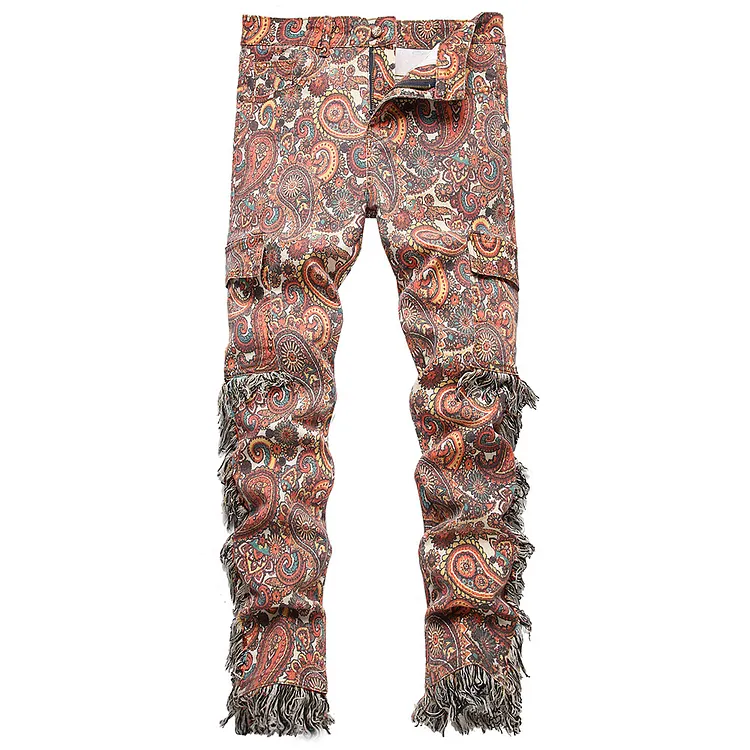 Hippie Boho Paisley Bandana Pants for Men | Baggy Denim Jeans with Tassels Multi Pockets Streetwear