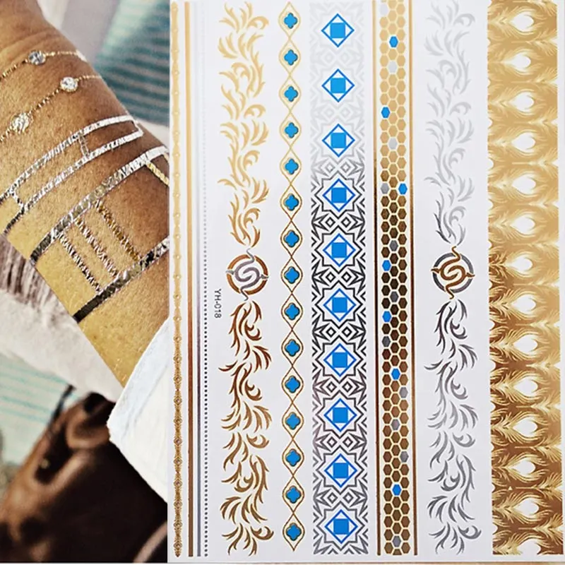 Temporary Tattoos Gold Silver Metallic Tattoo Arm Body Tattoo Cool Bracelet Style Girl DIY Golden Flash Tattoos