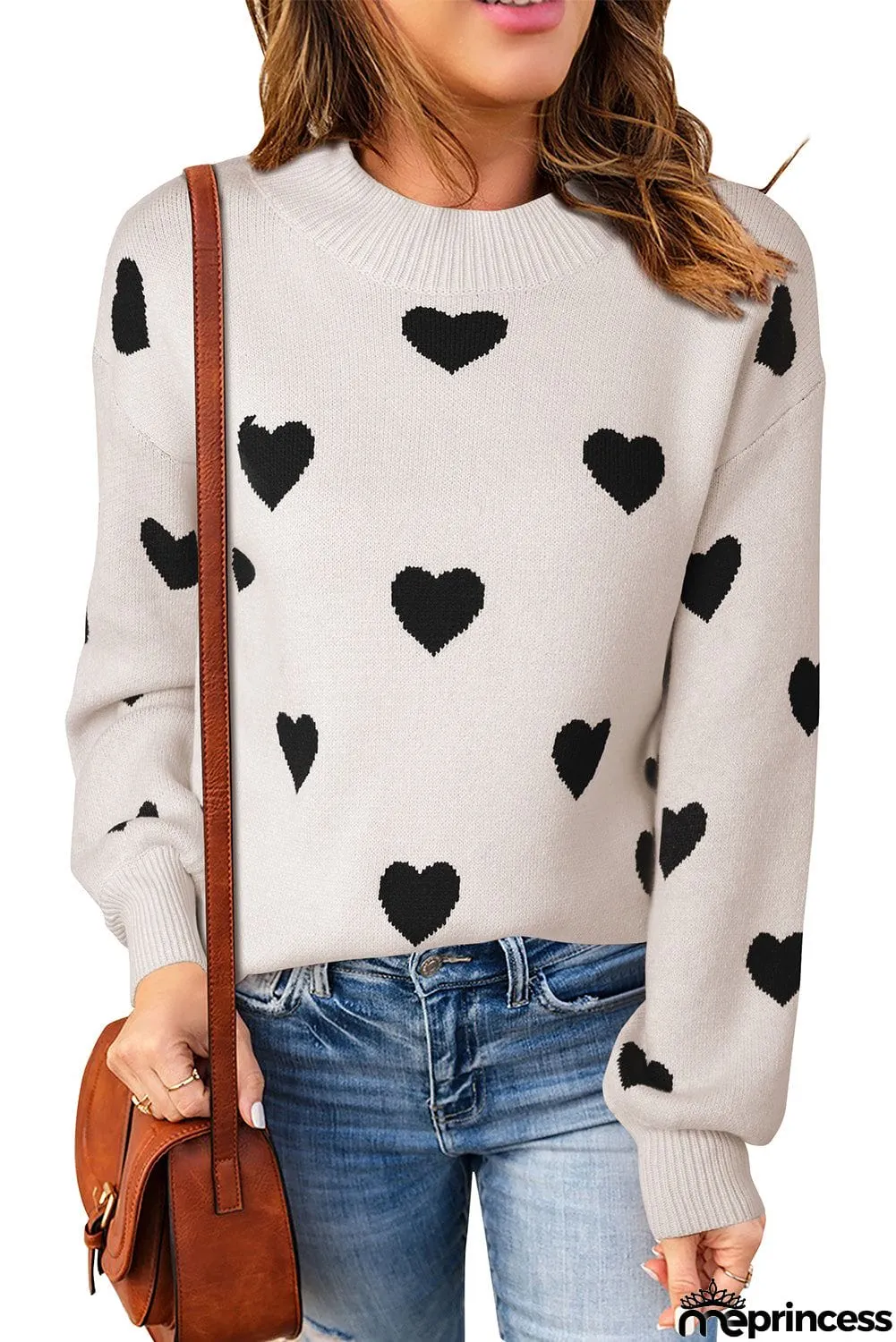 Heart Pattern Ribbed Trim Knit Sweater