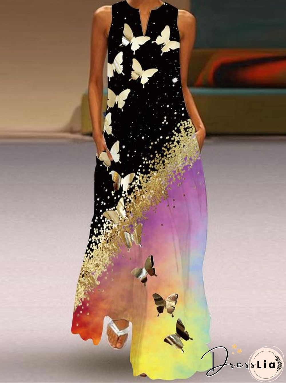 V-Neck Butterflies Printed Sleeveless Dress