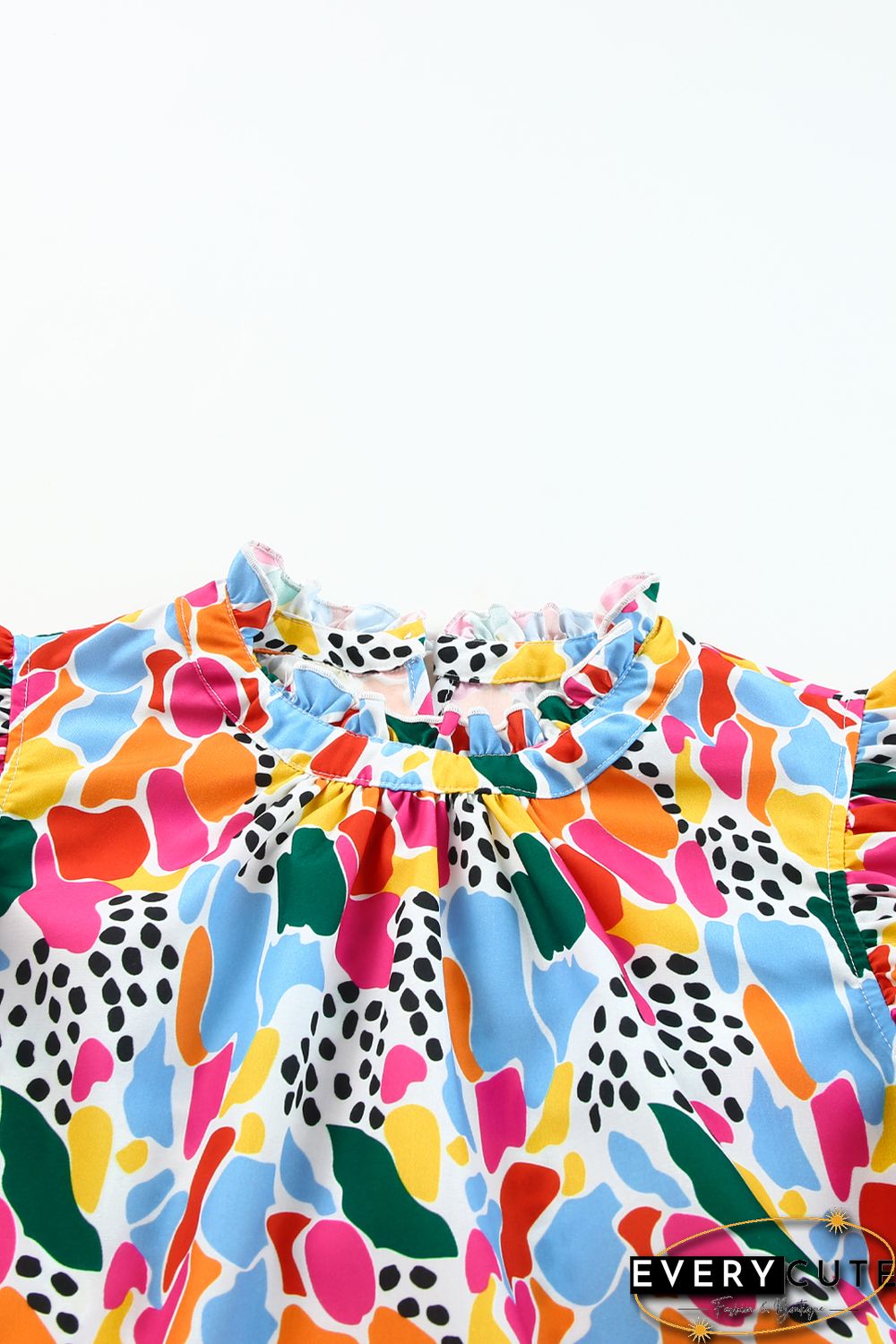 Multicolor Abstract Print High Neck Flutter Sleeves Top