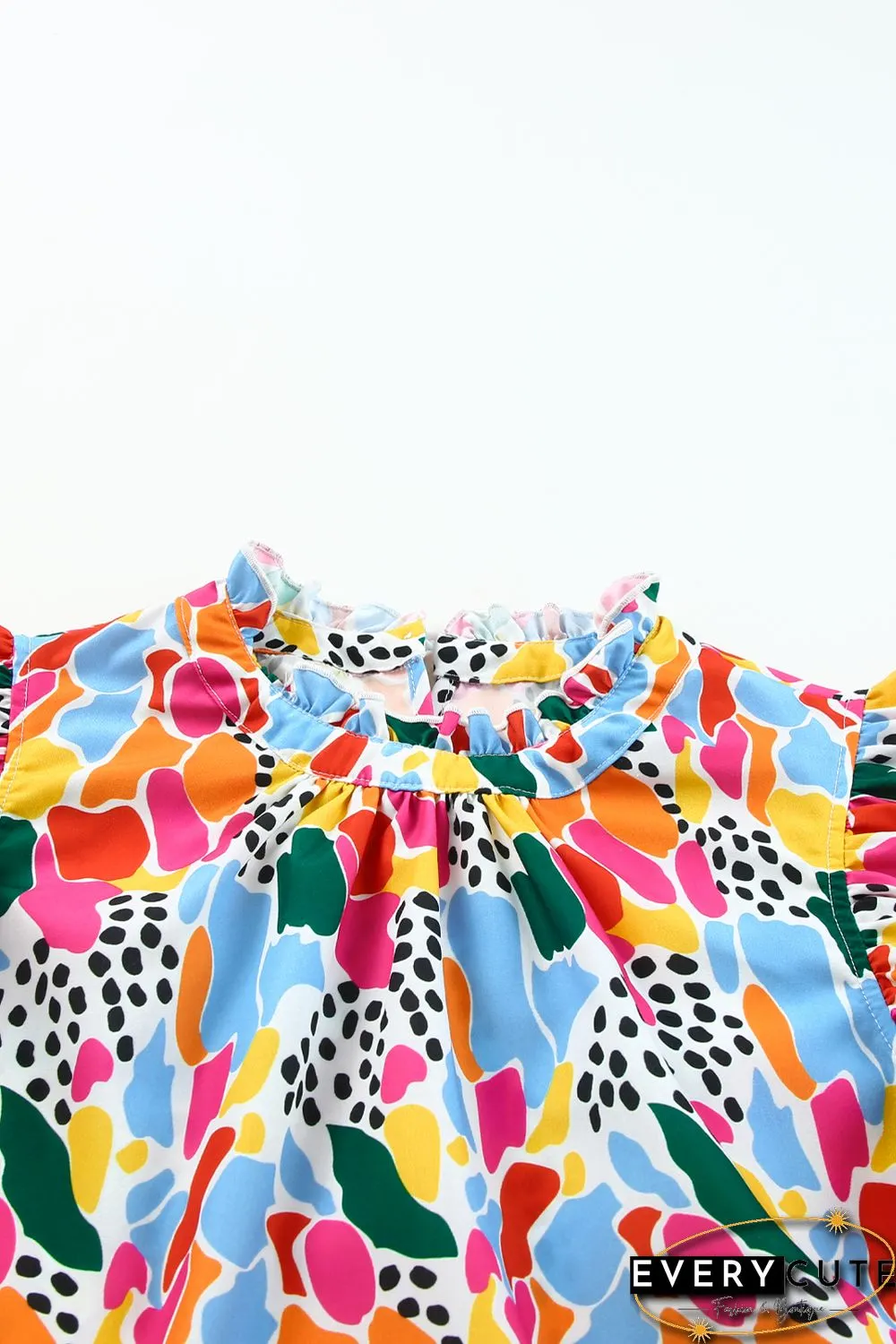 Multicolor Abstract Print High Neck Flutter Sleeves Top