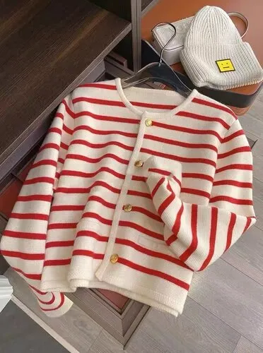 Nigikala Striped Cardigan Coat Women's Clothing O-neck Long Sleeve Sweet Knitted Korean Sweater Tops Pull Femme 2022 Ropa Mujer
