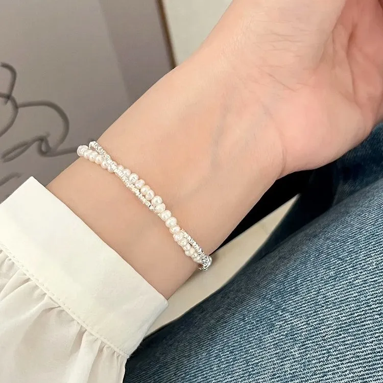 Double Layer Pearl Bracelet for Women with Sterling Silver Accents
