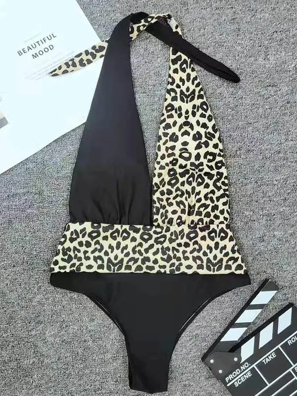Leopard Print Split-Joint Asymmetric High-Neck One-Piece Swimwear
