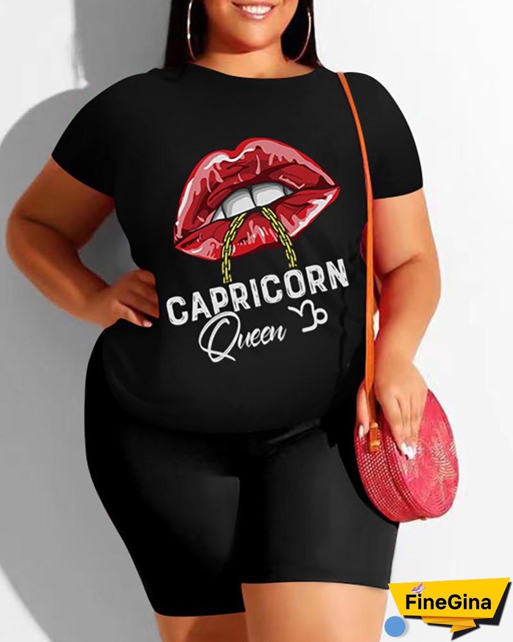 Plus Size Lip Letter Print Short Sleeve Top & Shorts Set