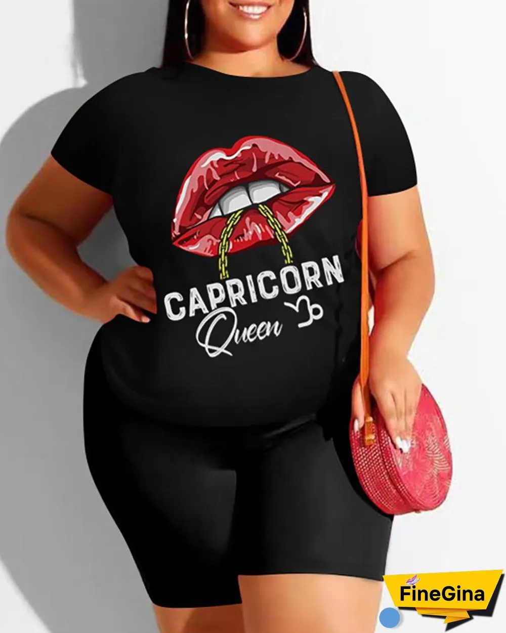 Plus Size Lip Letter Print Short Sleeve Top & Shorts Set