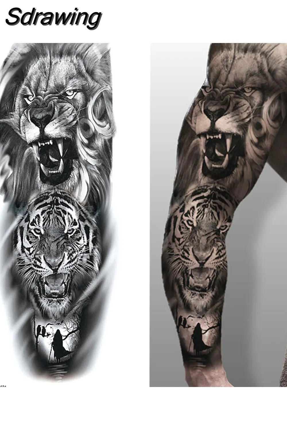 Sdrawing Full Arm Tattoo Lion Crown King Rose Waterproof Temporary Tatoo Sticker Wild Wolf Tiger Men Skull Totem Tattoo 430-1