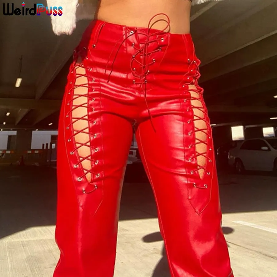 Weird Puss Faux PU Y2K High Waist Pants Women Chic Hollow Out Bandage Sexy Autumn Trend Leather Club Trousers Slim Streetwear