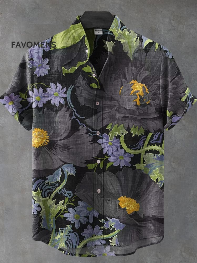Vintage Botanical And Floral Art Print Casual 100% Cotton Shirt Multicolor / S