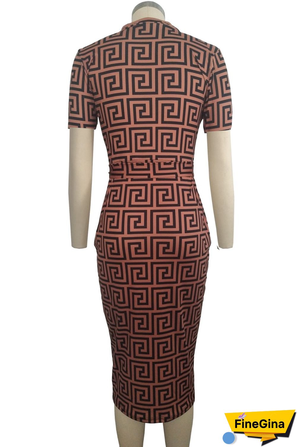 Brown Casual Print Patchwork Zipper Collar Short Sleeve Dress