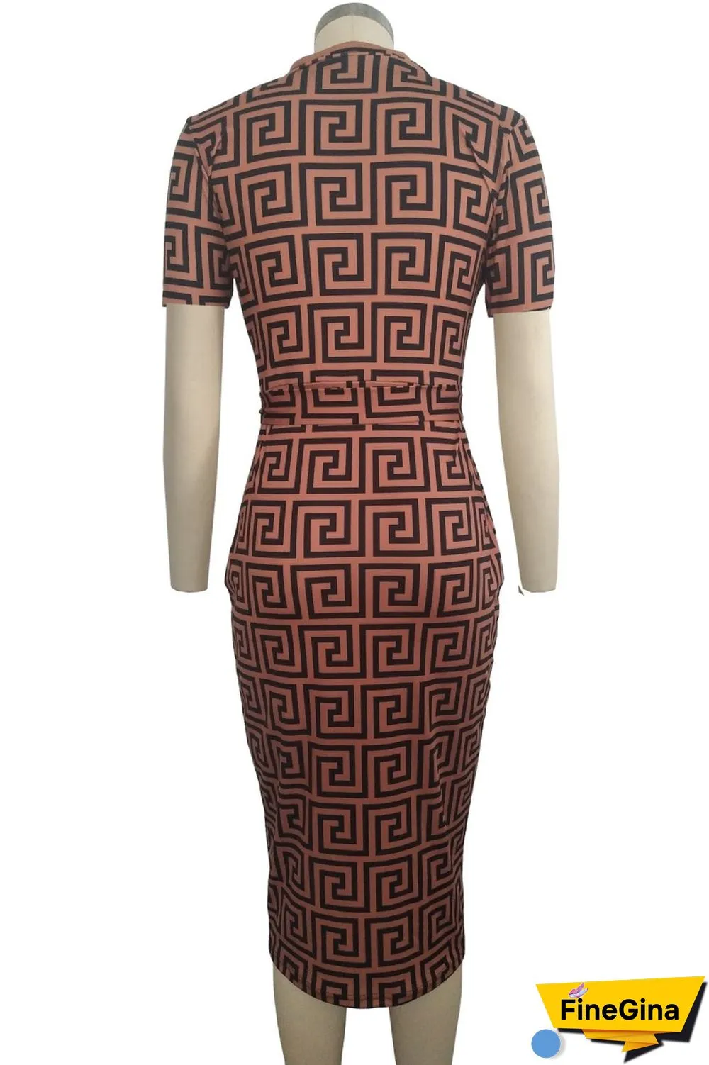 Brown Casual Print Patchwork Zipper Collar Short Sleeve Dress